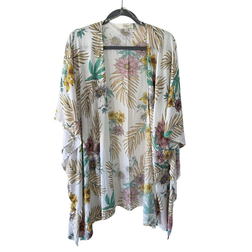 Umgee Full Size Sheer Mixed Floral Print Kimono with Side Slit Size XL/XXL